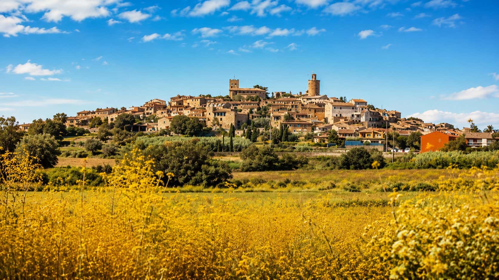 Recinto medieval de Pals sobre la colina, visto desde los campos, gestión de alquiler vacacional con Winahost